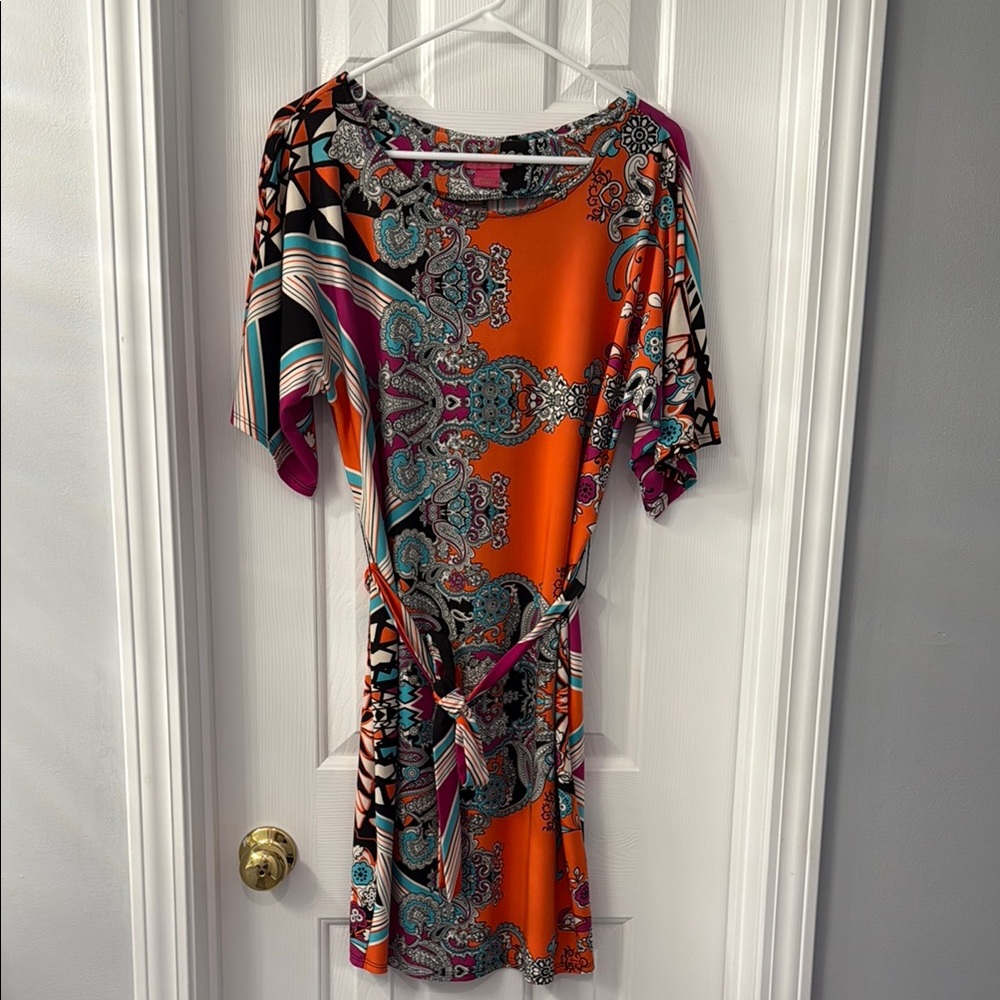 Sunny Leigh Orange Black Sheath Dress Short Sleeve Casual